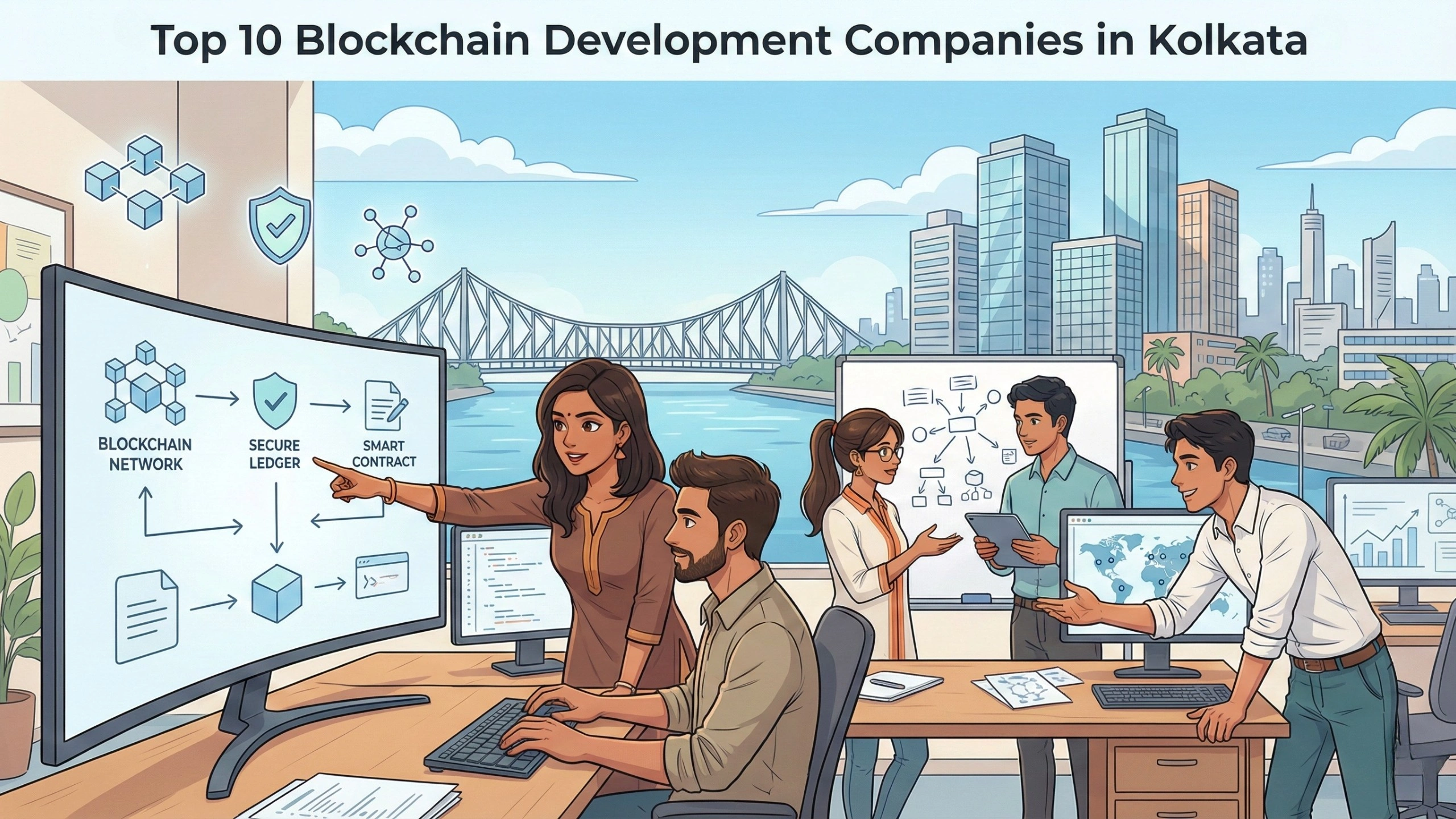 Illustration of a blockchain development team collaborating in a modern office with screens displaying blockchain network, secure ledger, and smart contract workflows, set against the Kolkata skyline with the Howrah Bridge in the background, representing top blockchain development companies in Kolkata.