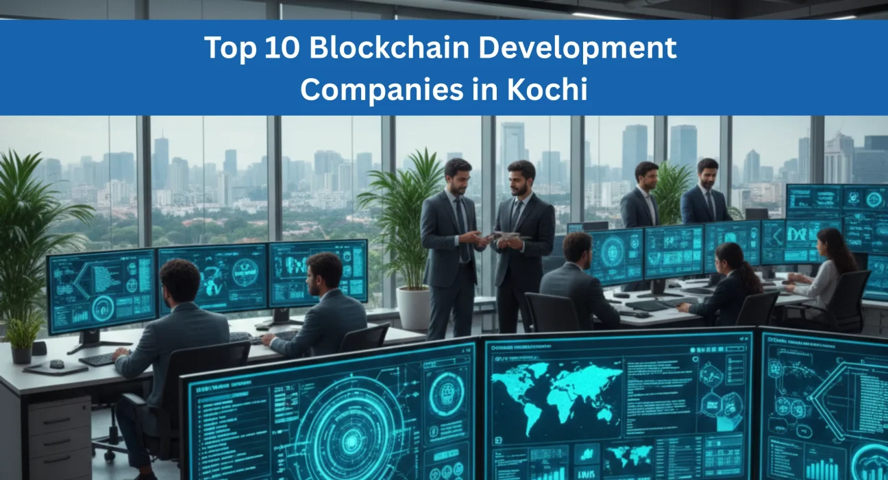 Blockchain developers working on Web3 and enterprise blockchain solutions in a modern Kochi office