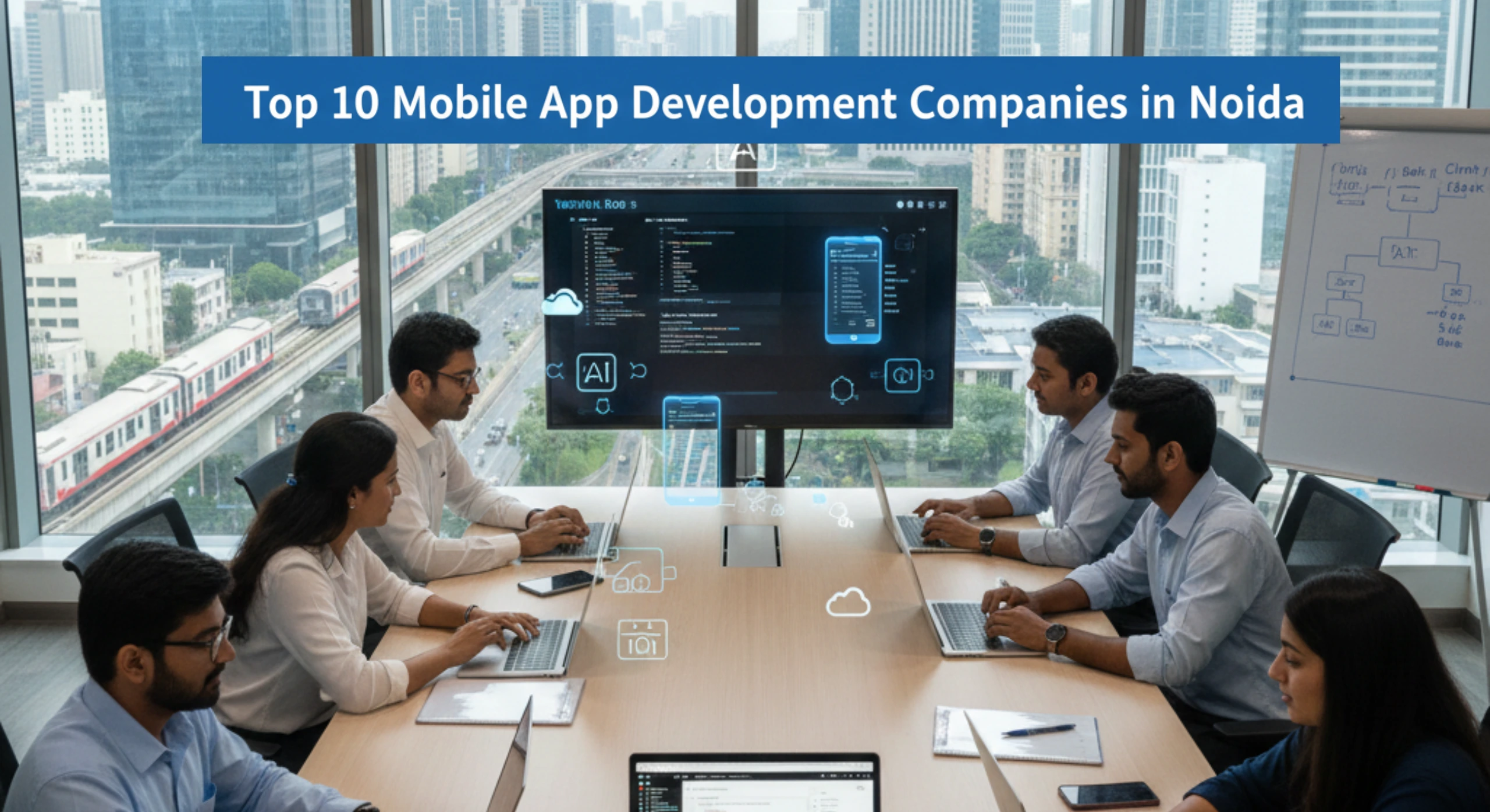 Mobile app developers in a modern Noida office collaborating on Android and iOS applications with Noida Metro and IT skyline in the background.