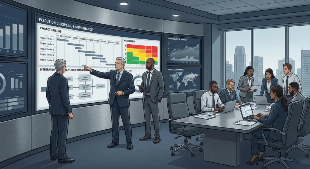 Enterprise executives reviewing software implementation and governance to ensure successful digital transformation in large organisations.