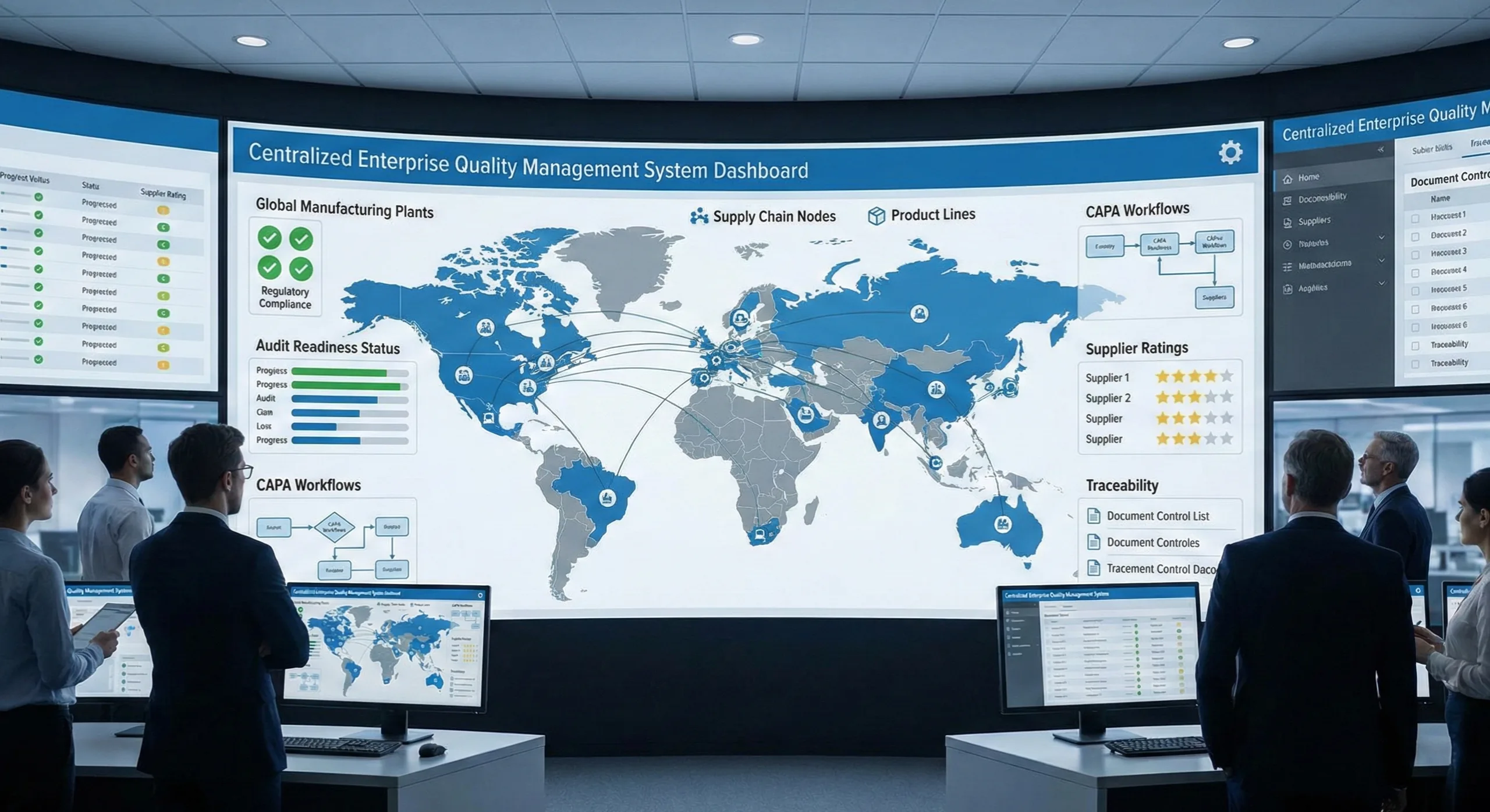 Modern manufacturing floor with QMS dashboards ensuring regulatory compliance.