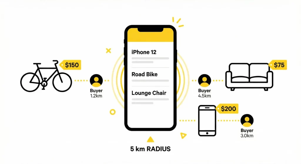 Local buying and selling used items within five kilometers using Sympl