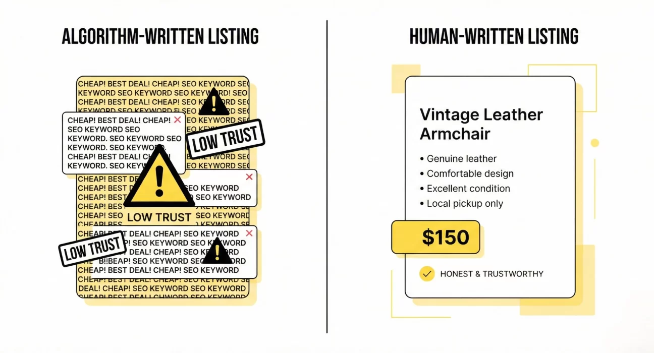 Human-written classified listing compared to keyword-stuffed listing that buyers ignore