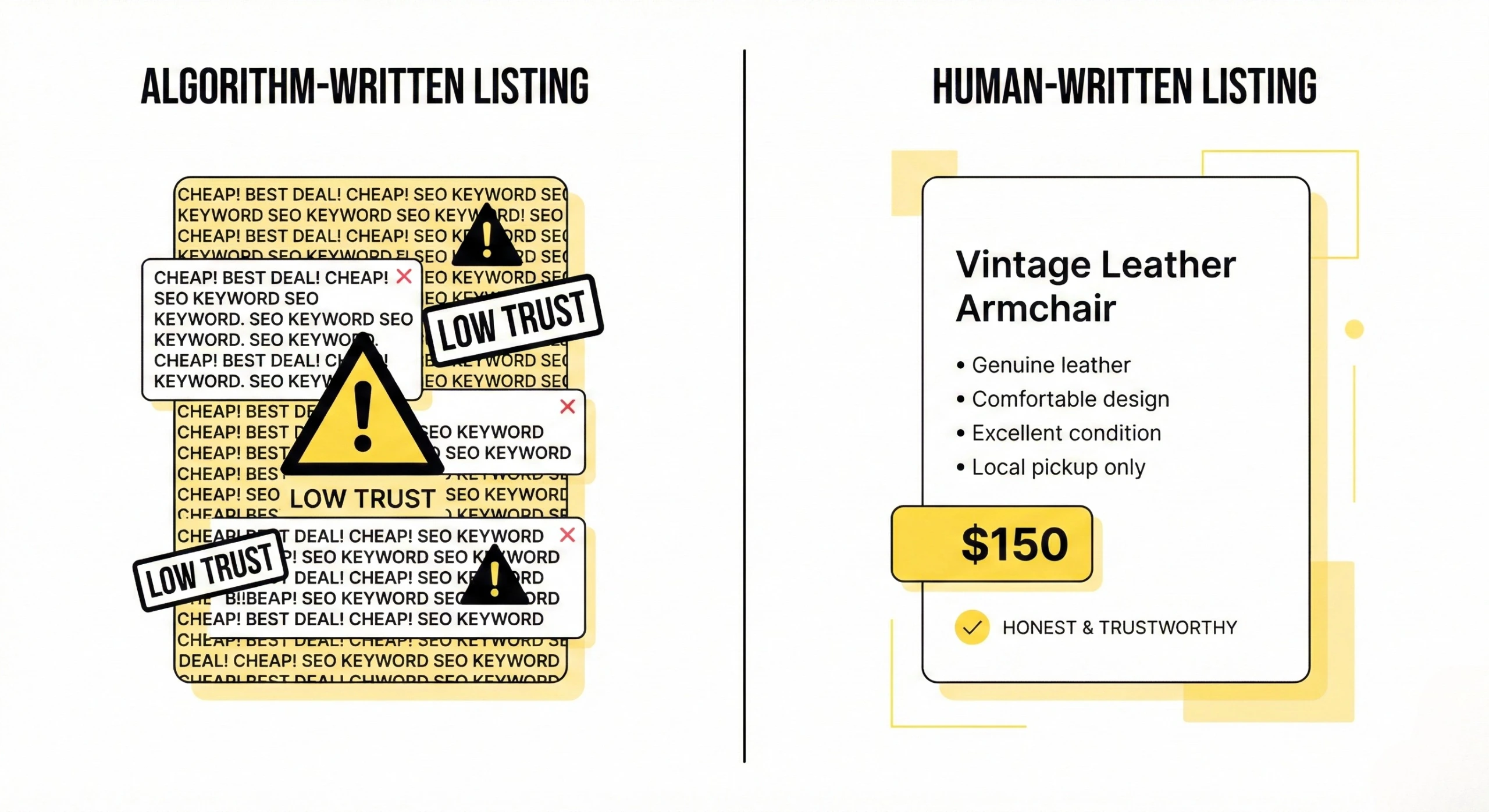 Human-written classified listing compared to keyword-stuffed listing that buyers ignore
