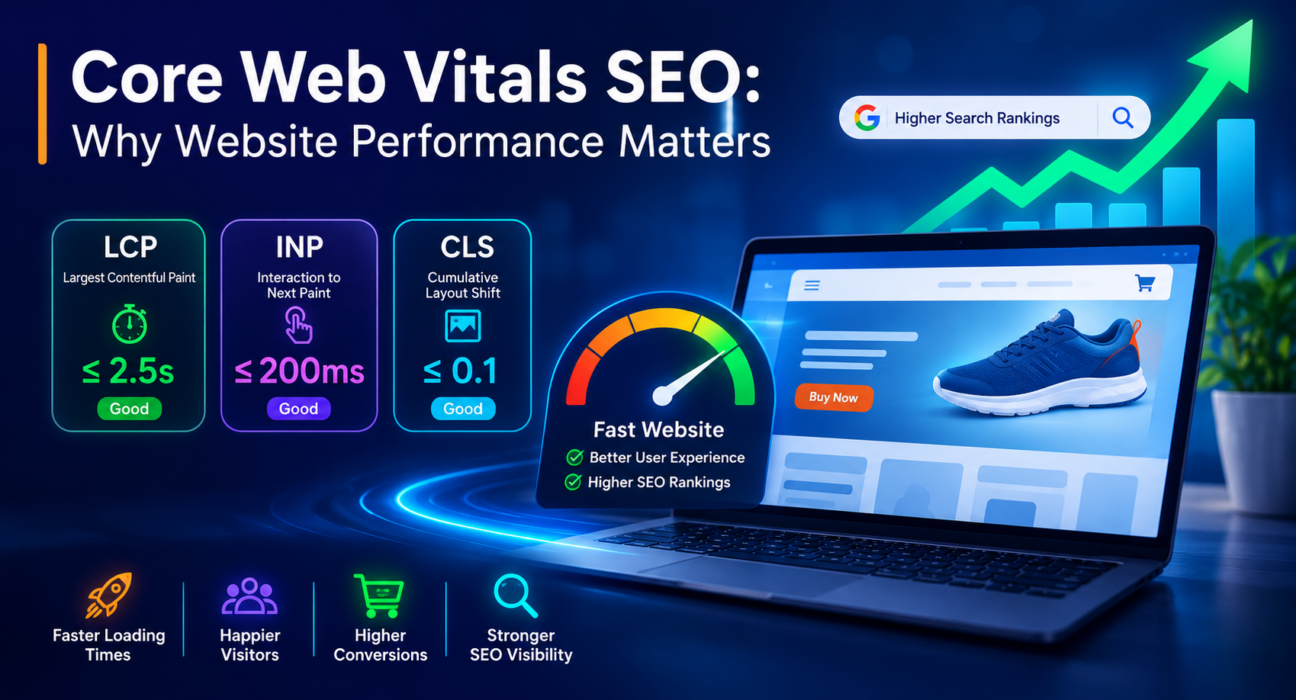 Core Web Vitals SEO infographic showing LCP, INP and CLS metrics and website performance benefits.