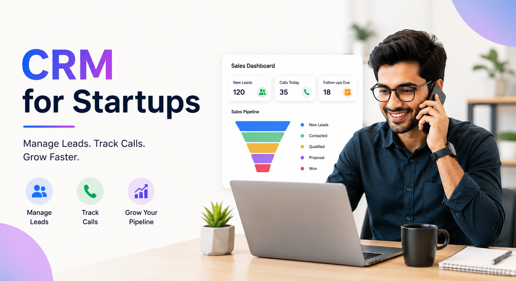 CRM for startups helping manage leads, track calls, schedule follow-ups, and improve sales through a telecalling CRM.
