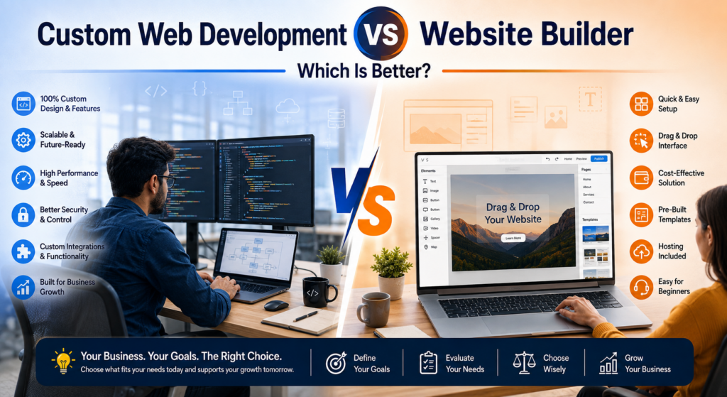 Custom web development vs website builder comparison showing the key differences between flexible custom websites and easy-to-use website builders.