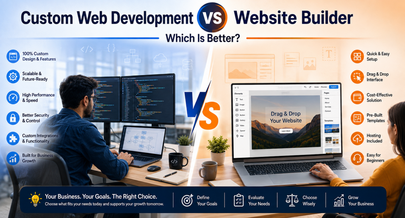 Custom web development vs website builder comparison showing the key differences between flexible custom websites and easy-to-use website builders.