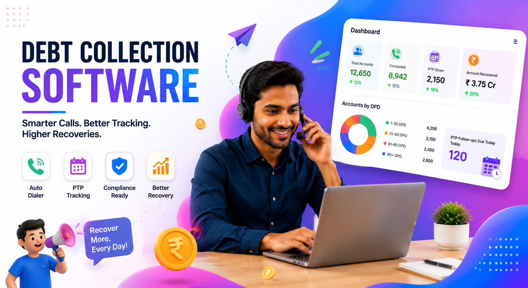 Debt collection software with a recovery dashboard and headset-wearing agent managing overdue accounts