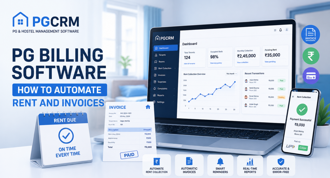 PG billing software dashboard showing automated rent collection, invoices, payment tracking, rent reminders, and PG management reports.