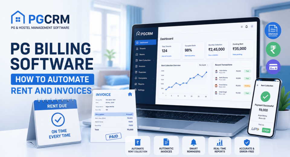 PG billing software dashboard showing automated rent collection, invoices, payment tracking, rent reminders, and PG management reports.