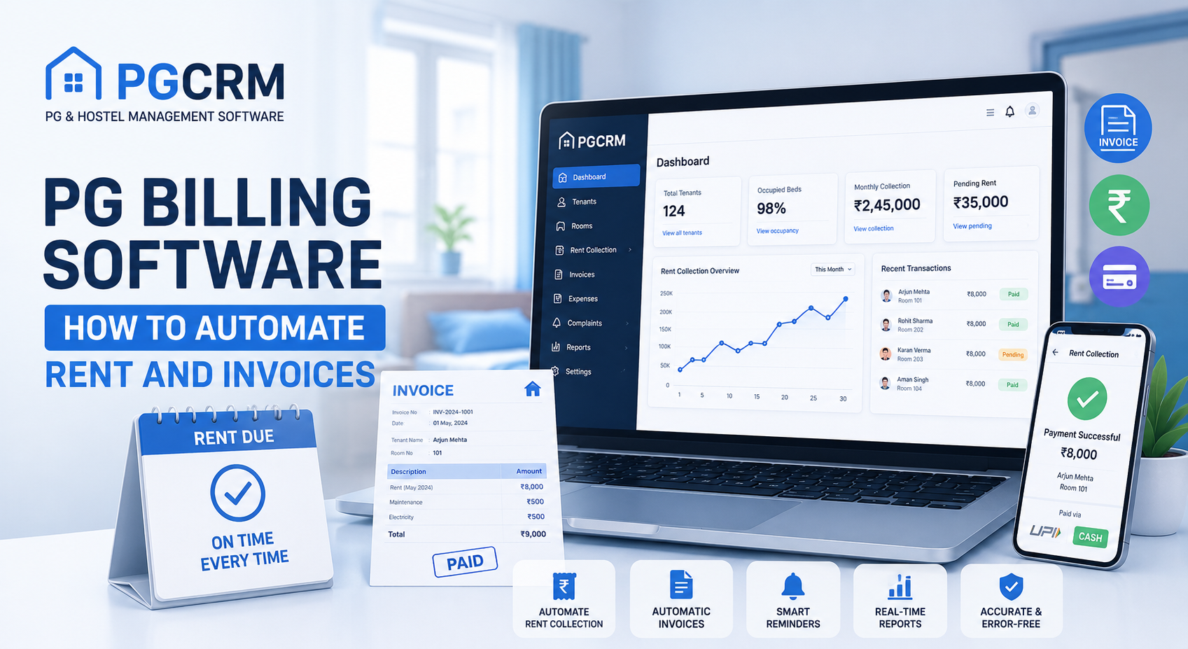 PG billing software dashboard showing automated rent collection, invoices, payment tracking, rent reminders, and PG management reports.