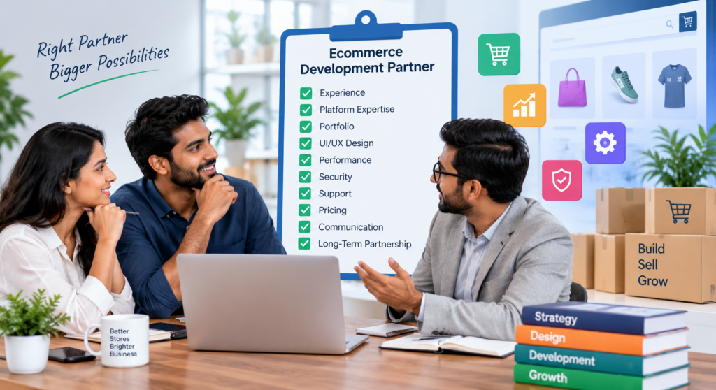 Business team reviewing a checklist before hiring an ecommerce development company