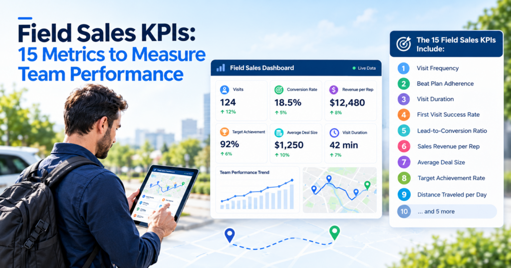 Field sales representative using a tablet with a live dashboard displaying key sales KPIs, including visits, conversion rate, revenue, target achievement, and deal size.