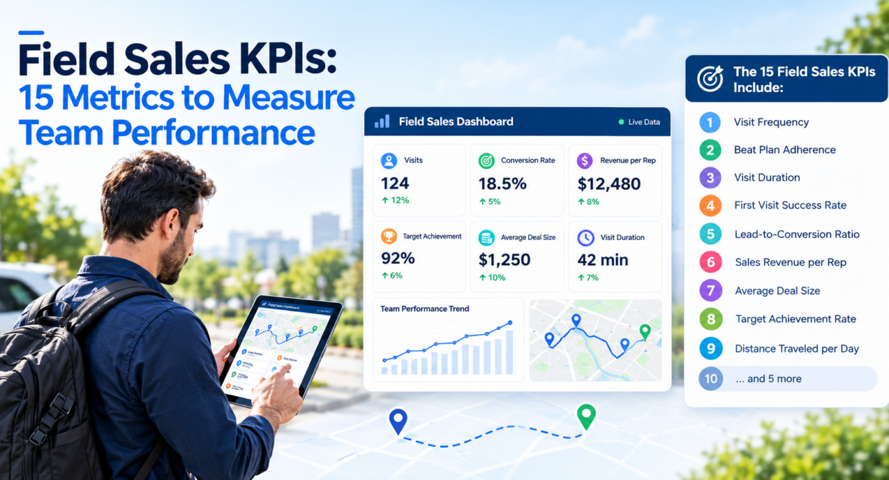 Field sales representative using a tablet with a live dashboard displaying key sales KPIs, including visits, conversion rate, revenue, target achievement, and deal size.