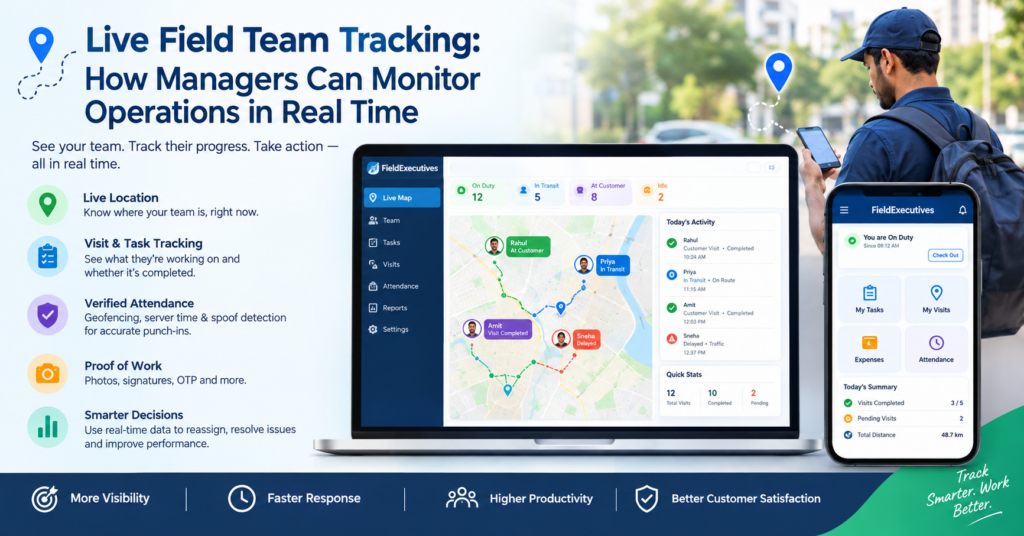 Live field team tracking dashboard showing real-time employee locations, visits, tasks, attendance, and field operations