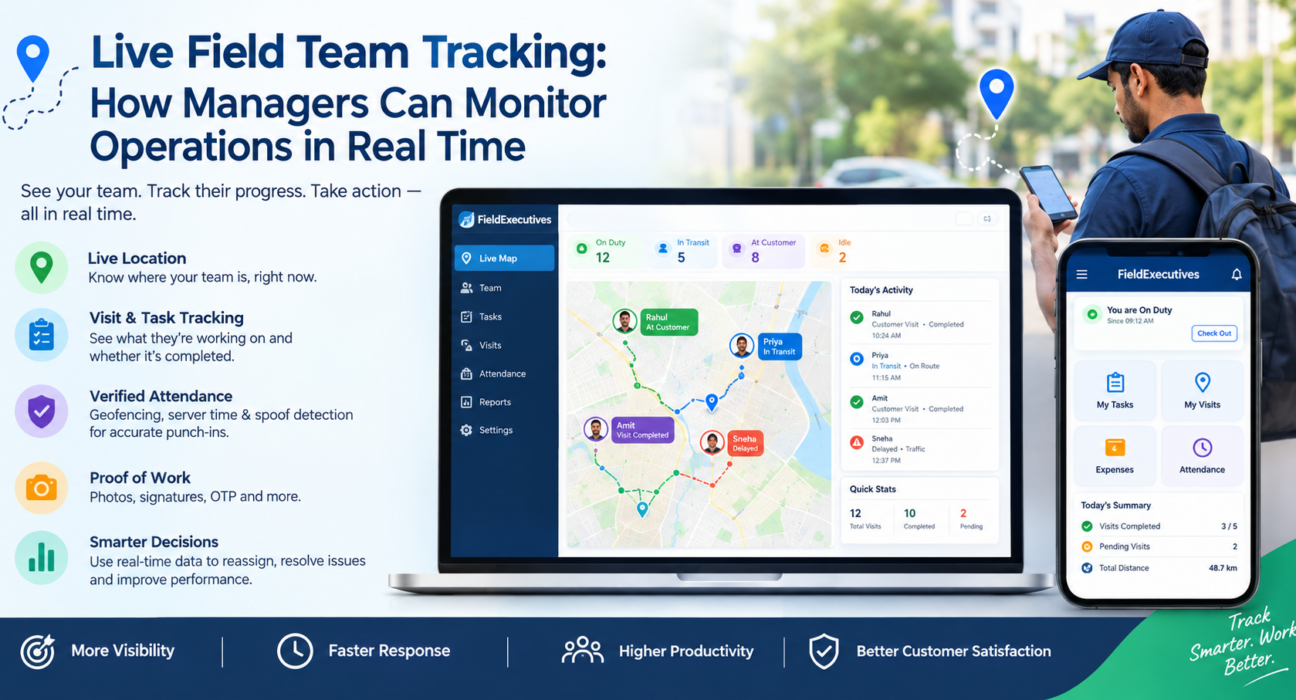 Live field team tracking dashboard showing real-time employee locations, visits, tasks, attendance, and field operations