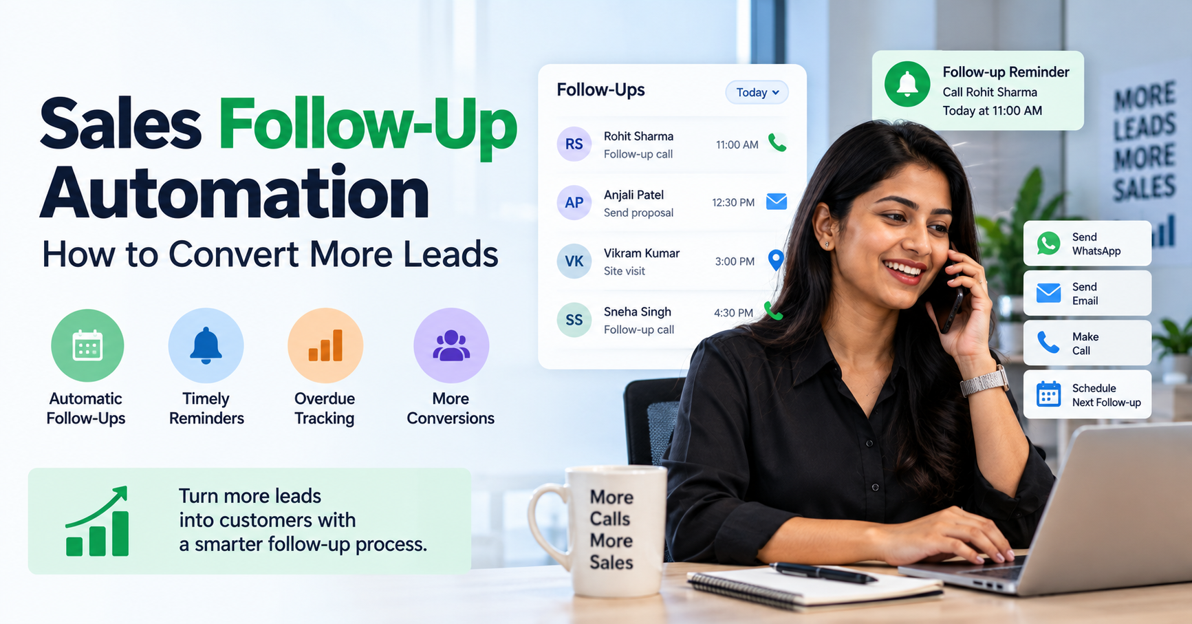 Sales follow-up automation with automated reminders, overdue tracking, and lead conversion