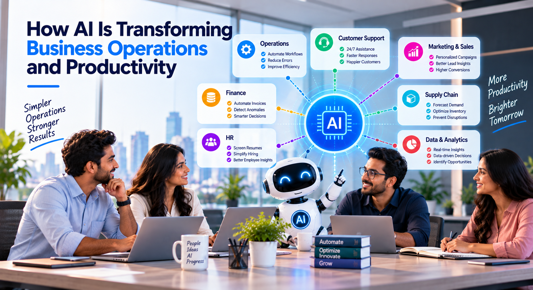 AI for business operations showing professionals using AI technology to automate workflows, analyze data, and improve productivity.