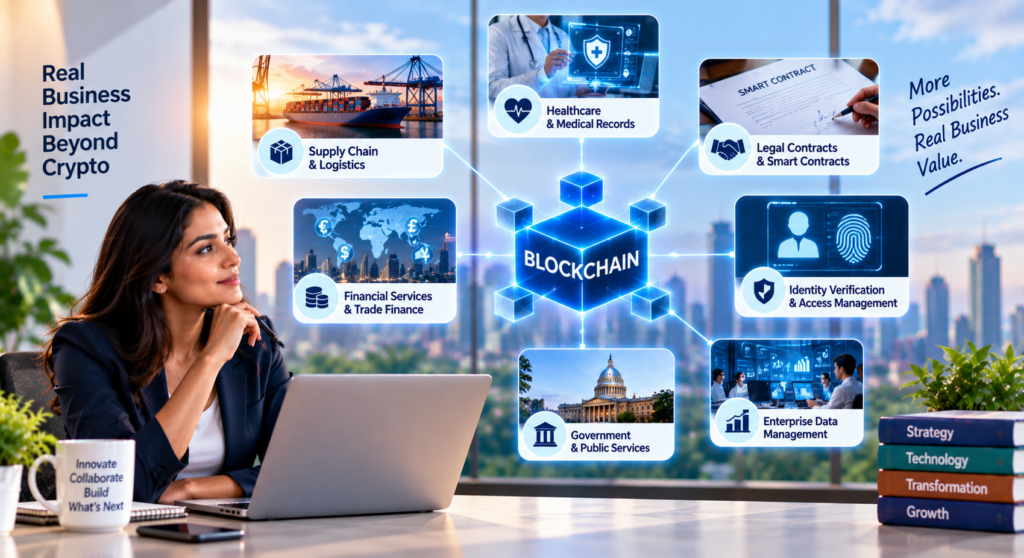 Blockchain applications beyond crypto showing supply chain, healthcare, smart contracts, identity, finance, and enterprise data management.