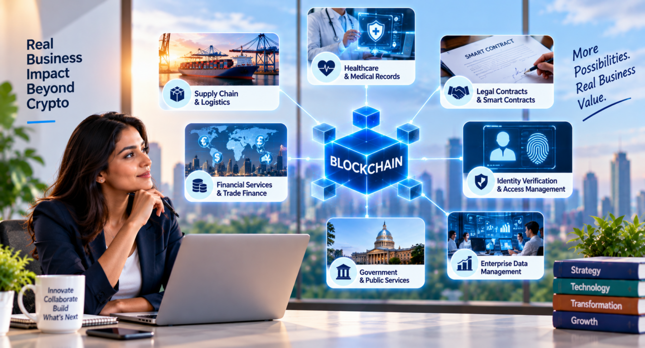 Blockchain applications beyond crypto showing supply chain, healthcare, smart contracts, identity, finance, and enterprise data management.