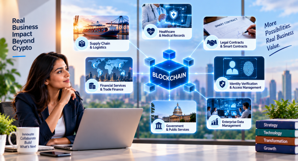 Blockchain applications beyond crypto showing supply chain, healthcare, smart contracts, identity, finance, and enterprise data management.