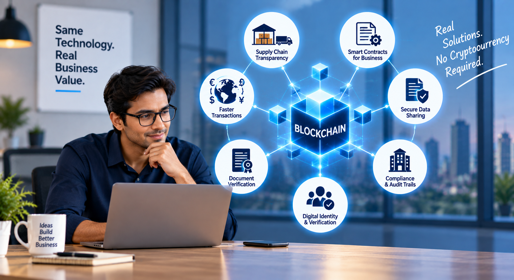 Blockchain technology for business showing supply chain, smart contracts, secure data sharing, payments, and digital identity.