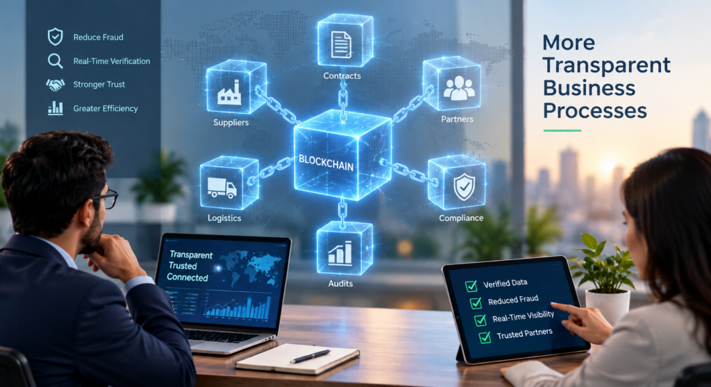 Blockchain network connecting suppliers, contracts, logistics, partners, compliance, and audits for transparent business processes.