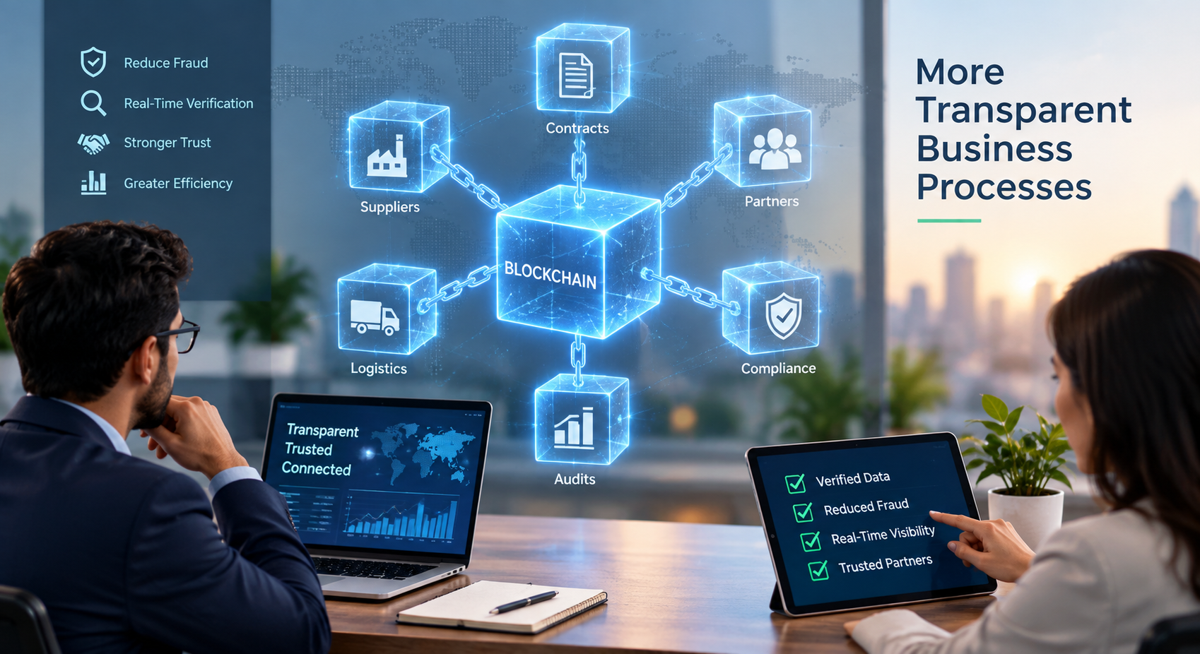 Blockchain network connecting suppliers, contracts, logistics, partners, compliance, and audits for transparent business processes.