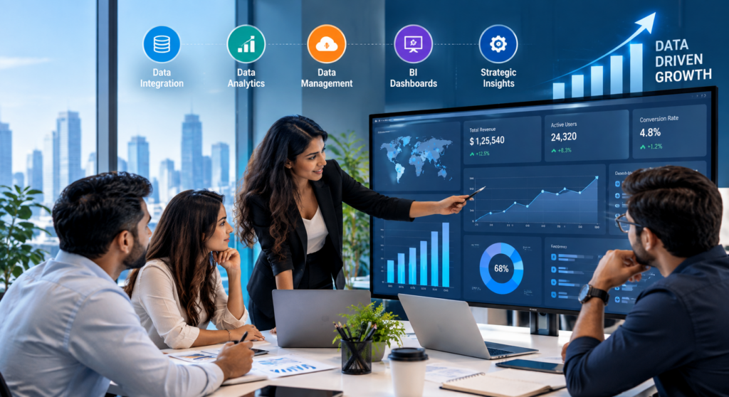 Business intelligence dashboard showing data analytics, KPIs, and data-driven growth insights