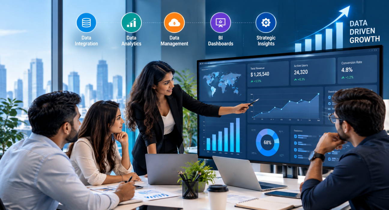 Business intelligence dashboard showing data analytics, KPIs, and data-driven growth insights