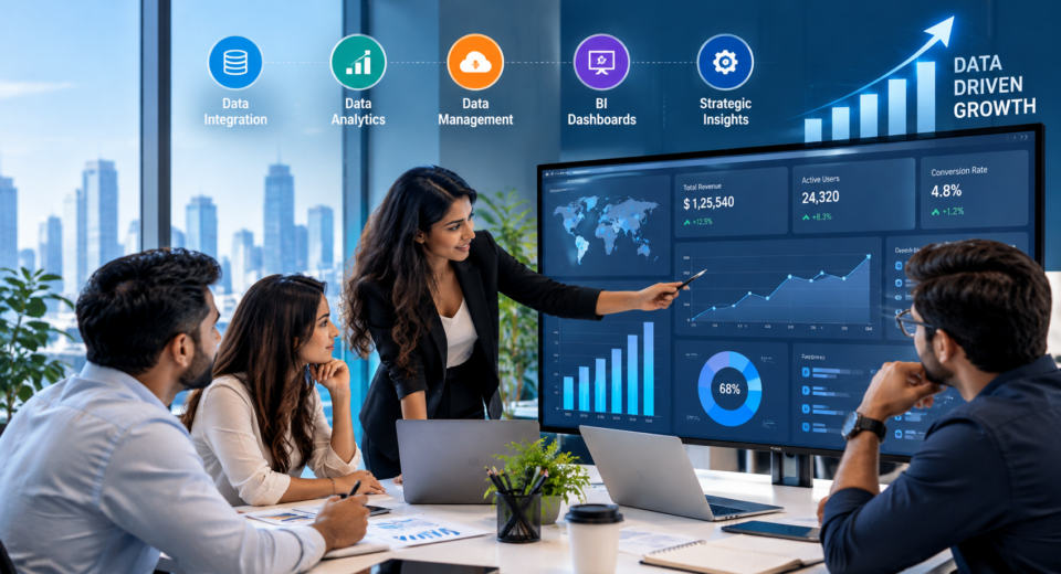 Business intelligence dashboard showing data analytics, KPIs, and data-driven growth insights