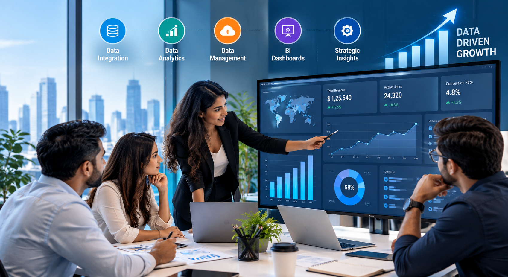 Business intelligence dashboard showing data analytics, KPIs, and data-driven growth insights
