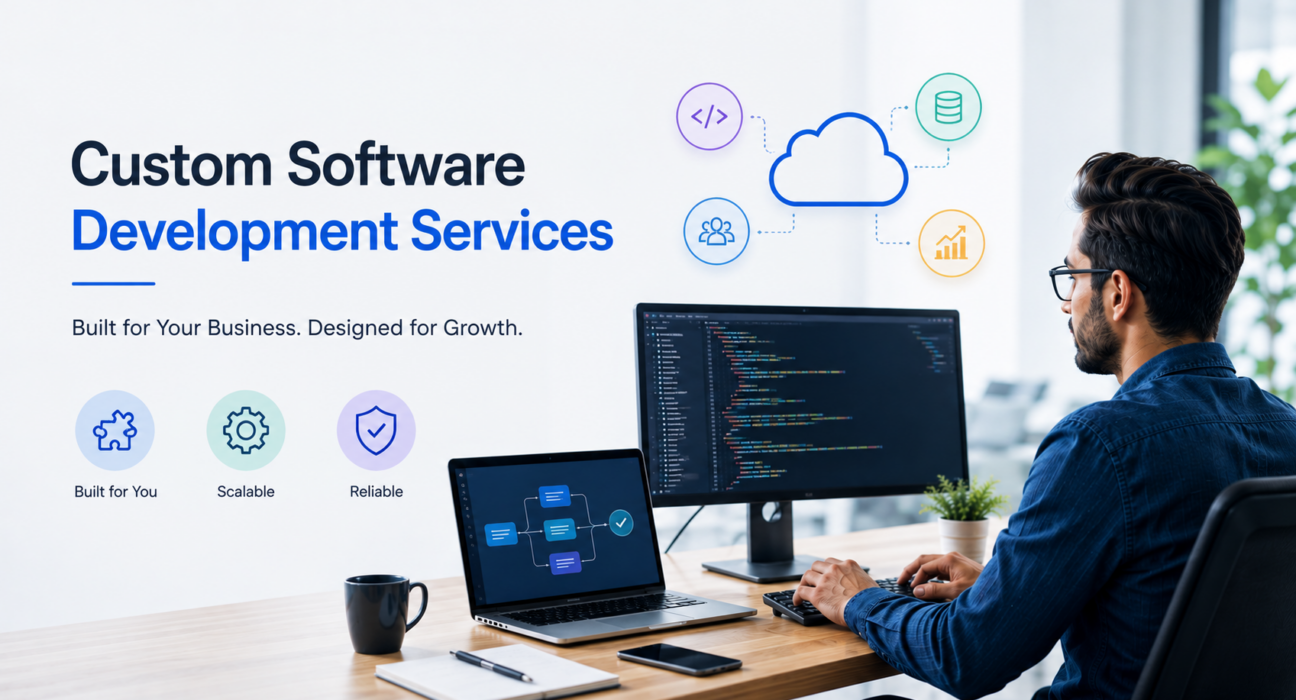 Custom software development services with a developer working on scalable software solutions
