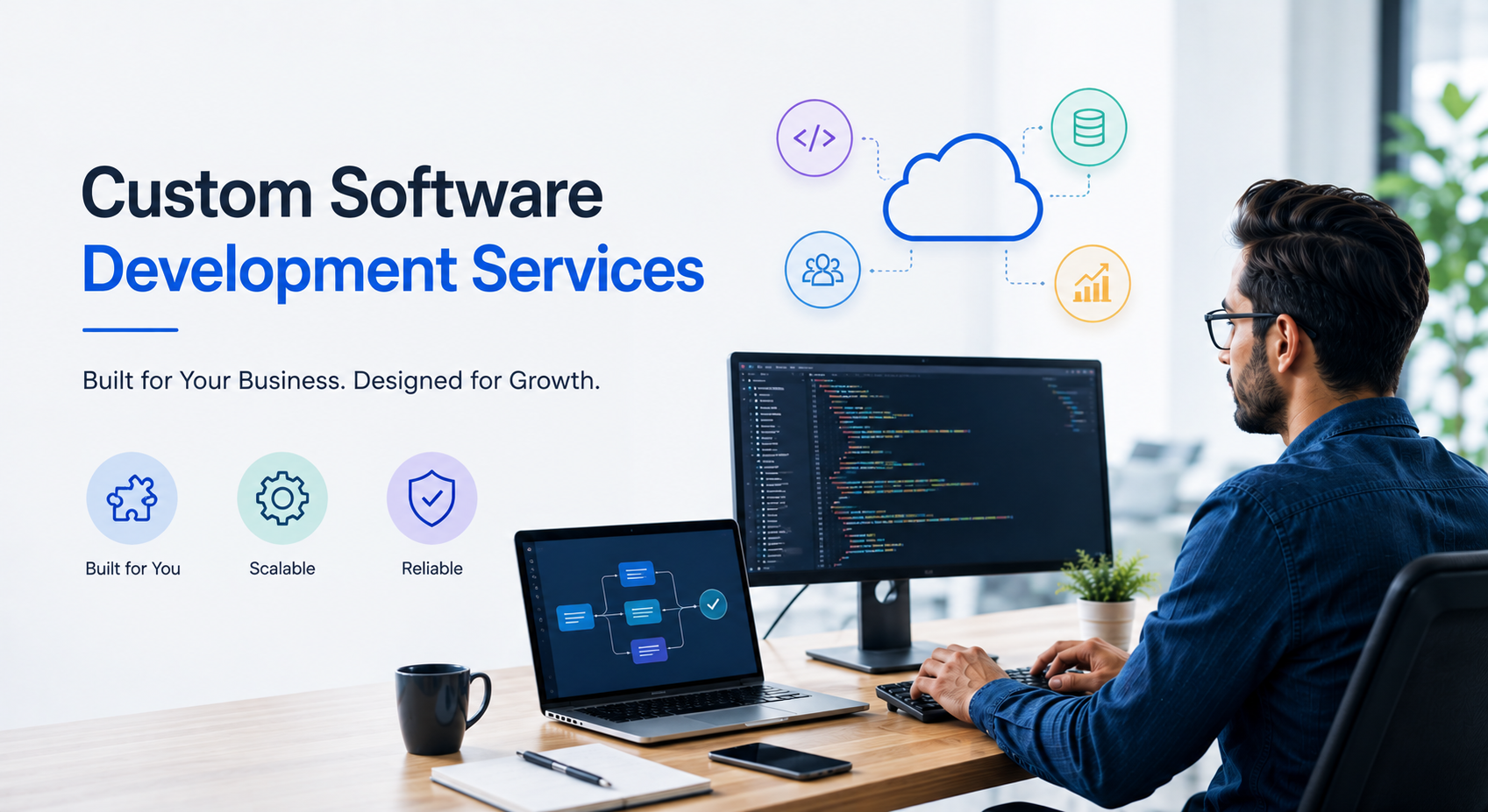 Custom software development services with a developer working on scalable software solutions