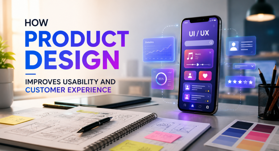 Product design improving usability and customer experience with a modern UI/UX interface and mobile app.