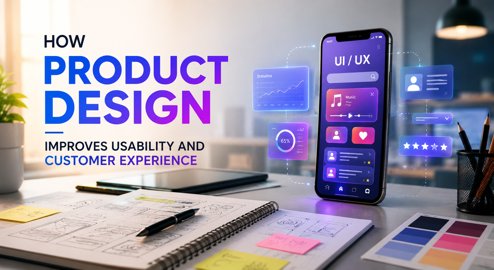 Product design improving usability and customer experience with a modern UI/UX interface and mobile app.