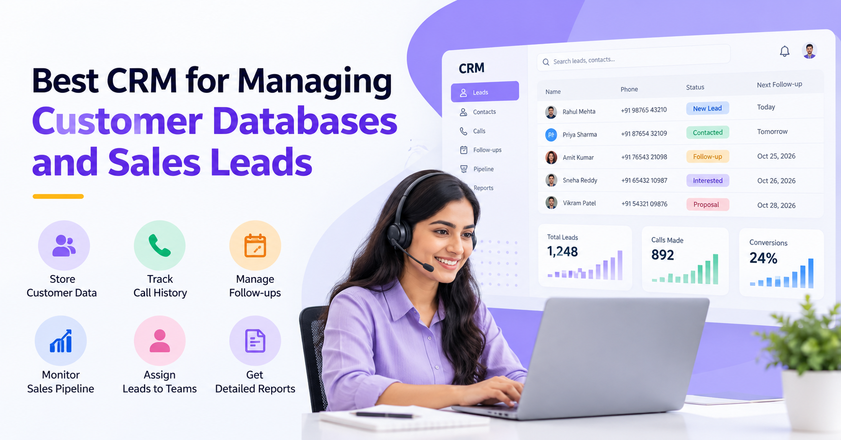 CRM dashboard for managing customer databases, tracking sales leads, recording call history, and scheduling follow-ups.
