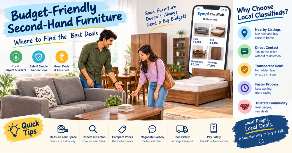 Budget-friendly second-hand furniture in Hyderabad, with local buyers exploring affordable sofas, beds, dining tables and wardrobes on Sympl Classifieds.