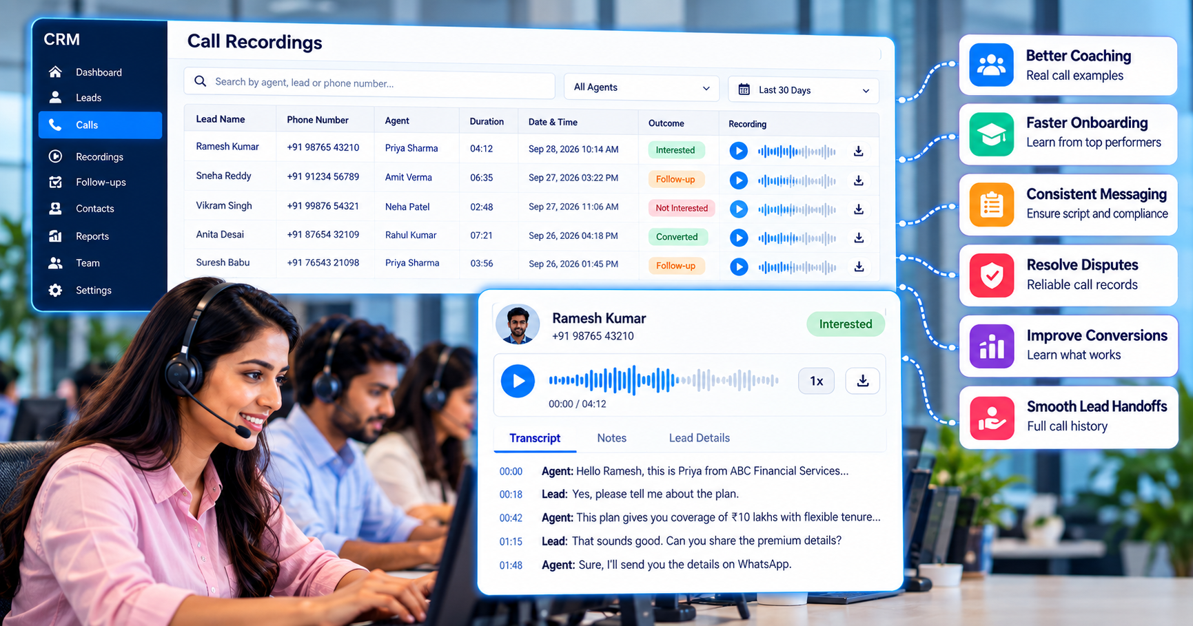 CRM call recording dashboard showing sales calls, recordings, transcripts, and performance benefits for sales teams