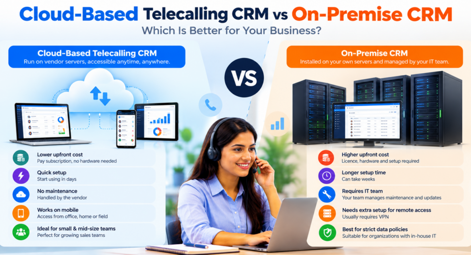 Cloud-based telecalling CRM vs on-premise CRM comparison infographic showing costs, setup time, maintenance, mobile access, data control, and IT requirements.