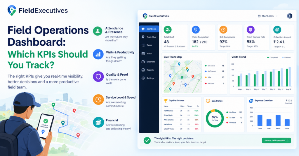 Field operations dashboard displaying key KPIs for attendance, visits, productivity, SLA compliance, proof of visits, expenses, and team performance.