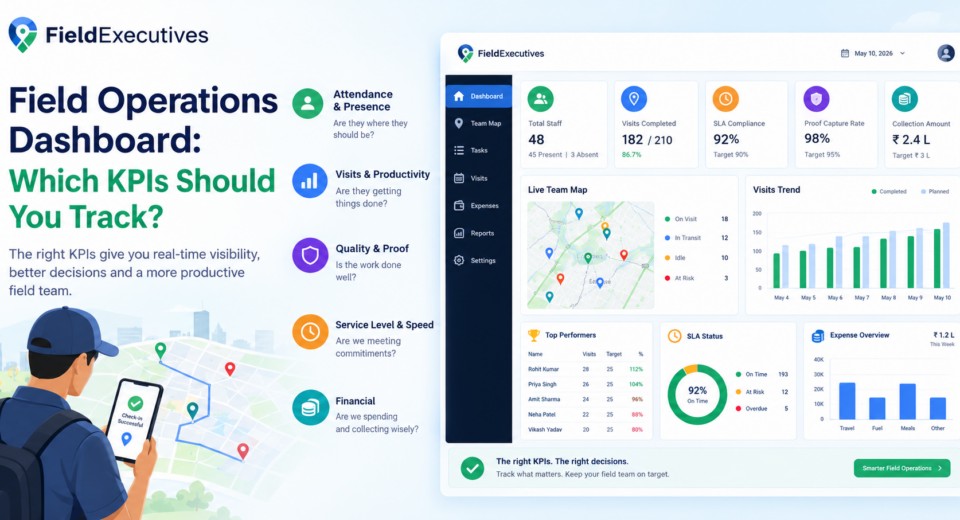 Field operations dashboard displaying key KPIs for attendance, visits, productivity, SLA compliance, proof of visits, expenses, and team performance.