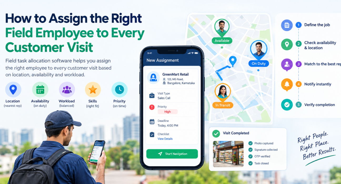 Field task allocation software infographic showing employee locations, availability, workload, task assignments, route planning, and customer visit completion.