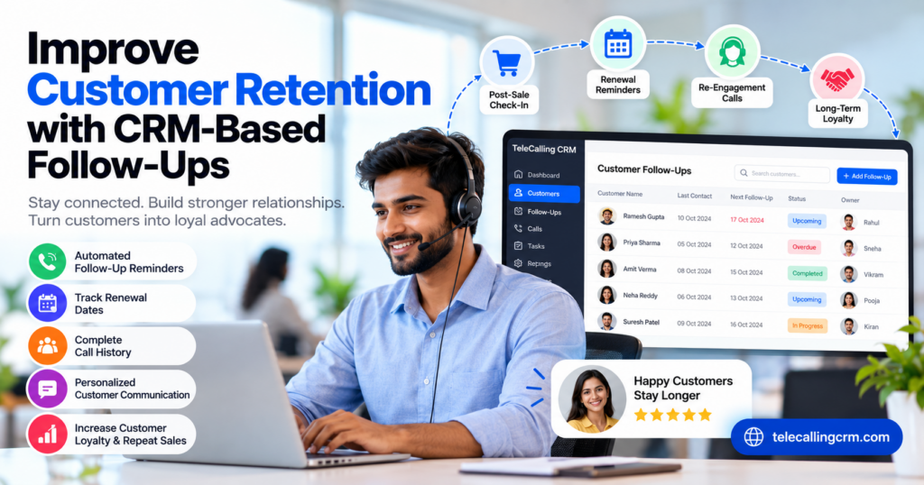 Customer retention CRM dashboard showing automated follow-up reminders, renewal tracking, call history, and customer relationship management features.
