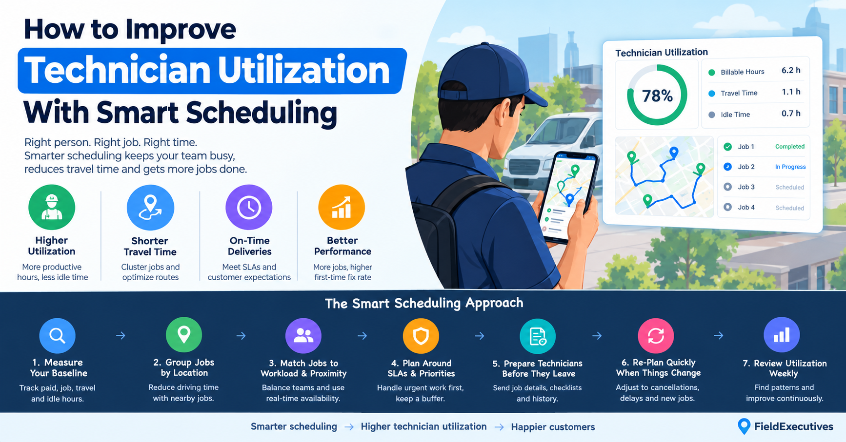 Infographic showing how smart scheduling improves field technician utilization through route optimization, workload balancing, SLA management, real-time tracking, and efficient job assignments.