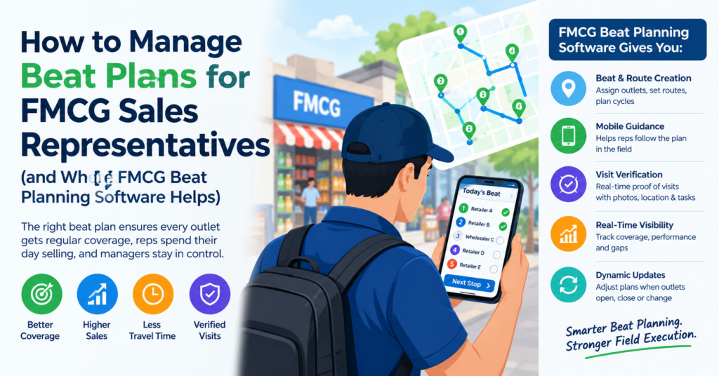 FMCG beat planning software helping sales representatives manage outlet visits, optimise routes, verify visits, and track field sales performance.