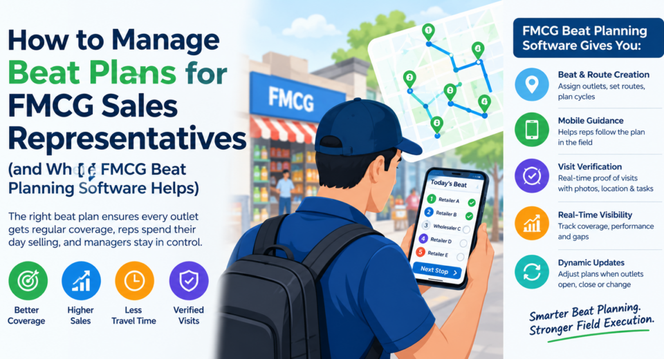 FMCG beat planning software helping sales representatives manage outlet visits, optimise routes, verify visits, and track field sales performance.