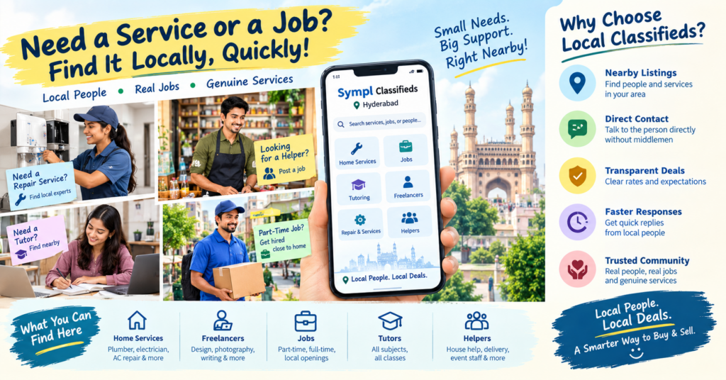 Find local services, freelancers and urgent jobs in Hyderabad with Sympl Classifieds, connecting nearby people for jobs, tutoring, repairs and home services.