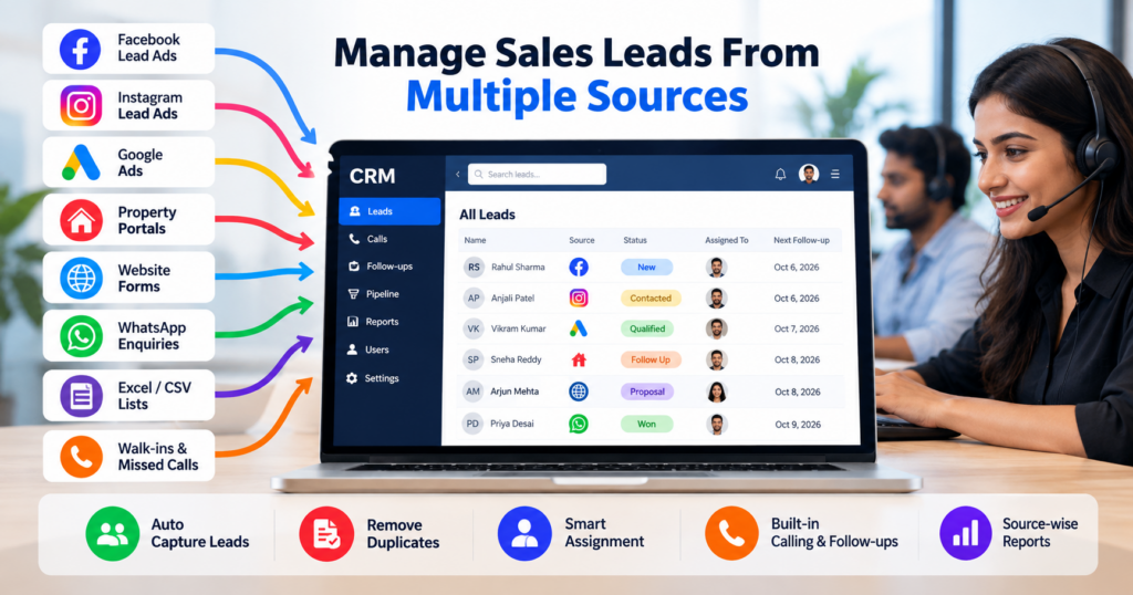 CRM dashboard showing sales leads from Facebook, Instagram, Google Ads, property portals, website forms, WhatsApp, and other sources in one centralized system.